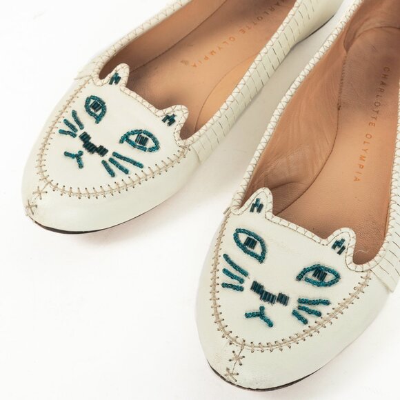 Charlotte Olympia Kitty White Leather Beaded Fringe Flats - Picture 7 of 10